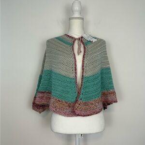 Handmade Crocheted Cape. Gray, Green, Pinks. One Size Fits Most.